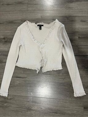 Forever 21 Cream Ruffle-Trim V-Neck Cardigan